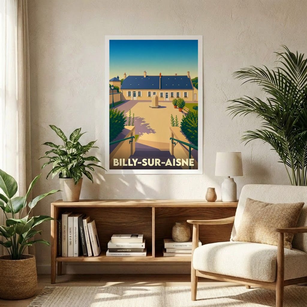 Affiche souvenir de la ville de Billy-sur-Aisne avec une illustration stylisée et colorée.