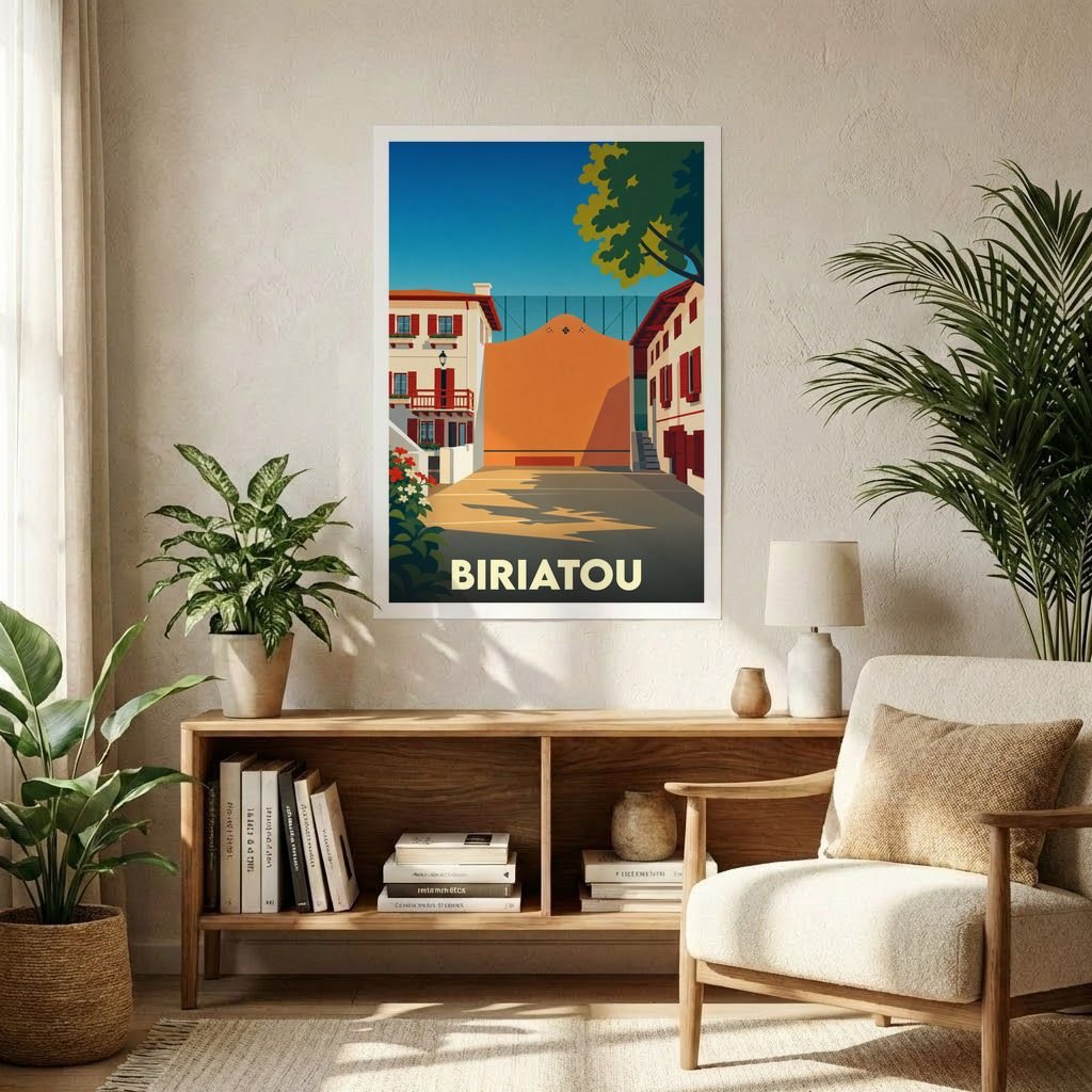 Affiche de voyage de la ville de Biriatou avec une illustration colorée de style vintage représentant son fronton typique.