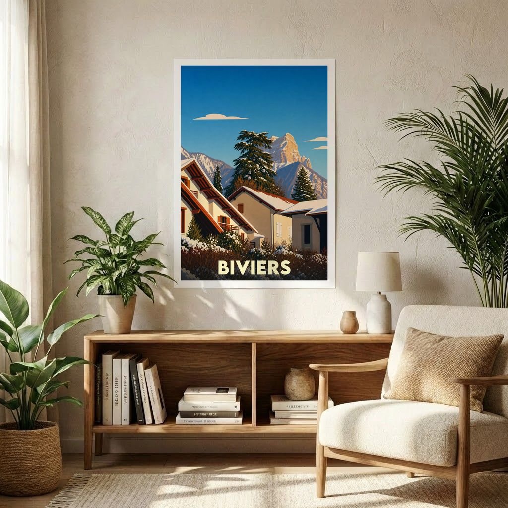 Affiche souvenir de la ville de Biviers avec une illustration stylisée de chalets enneigés face aux montagnes.