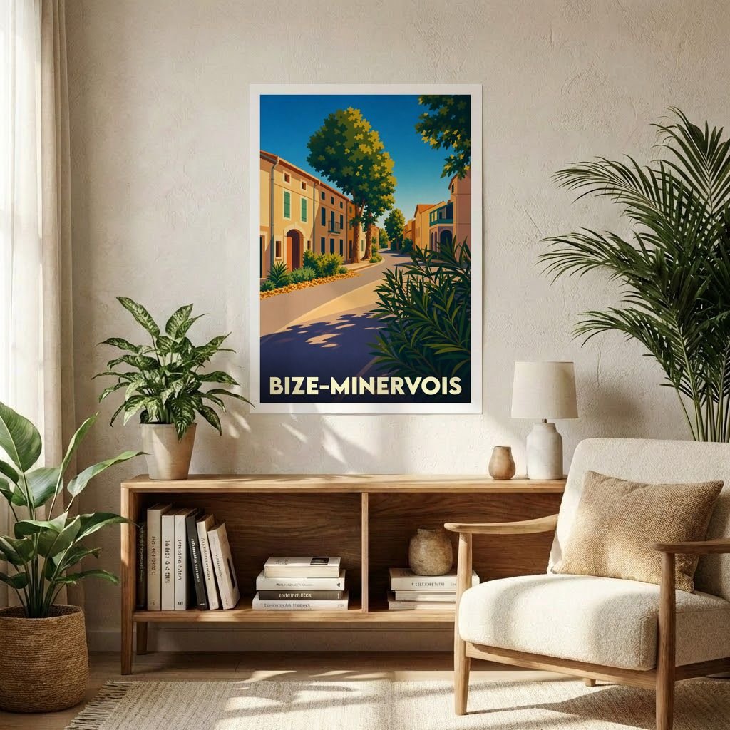 Affiche souvenir de la ville de Bize-Minervois illustrant une ruelle ensoleillée dans un style vintage.