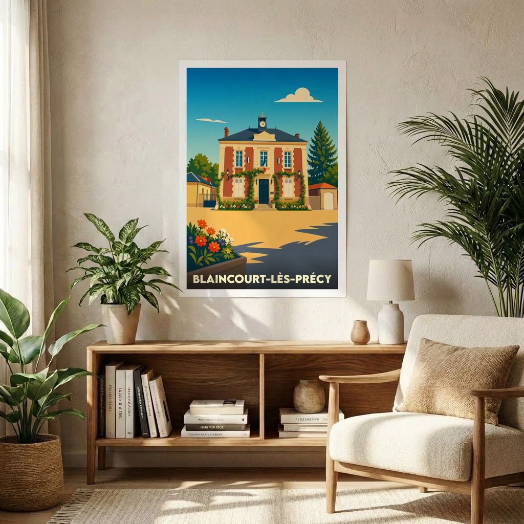 Affiche souvenir de la ville de Blaincourt-lès-Précy avec une illustration stylisée de sa mairie.