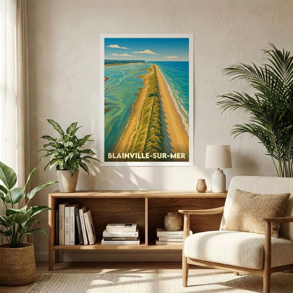 Affiche souvenir de la ville de Blainville-sur-Mer avec une illustration stylisée de son littoral sauvage.