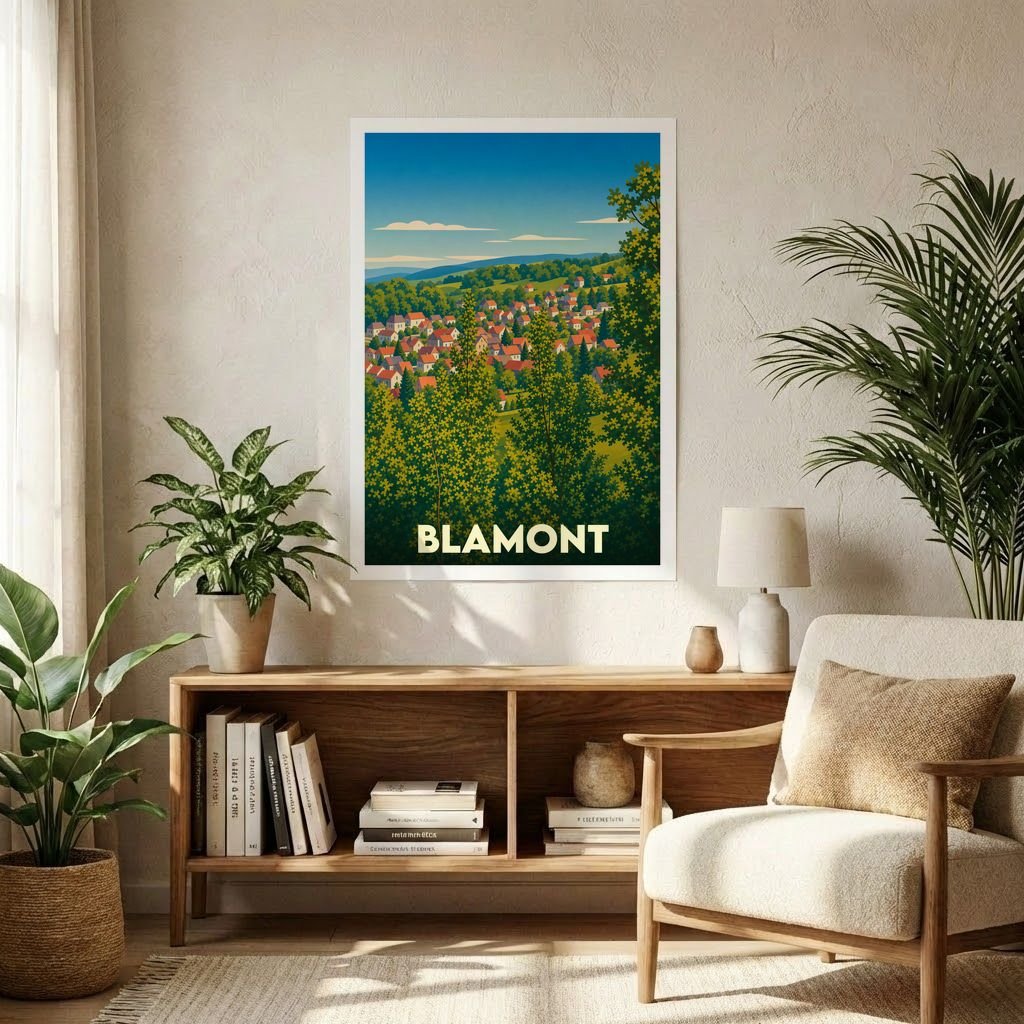 Affiche souvenir de la ville de Blamont avec une illustration stylisée d'un paysage verdoyant.