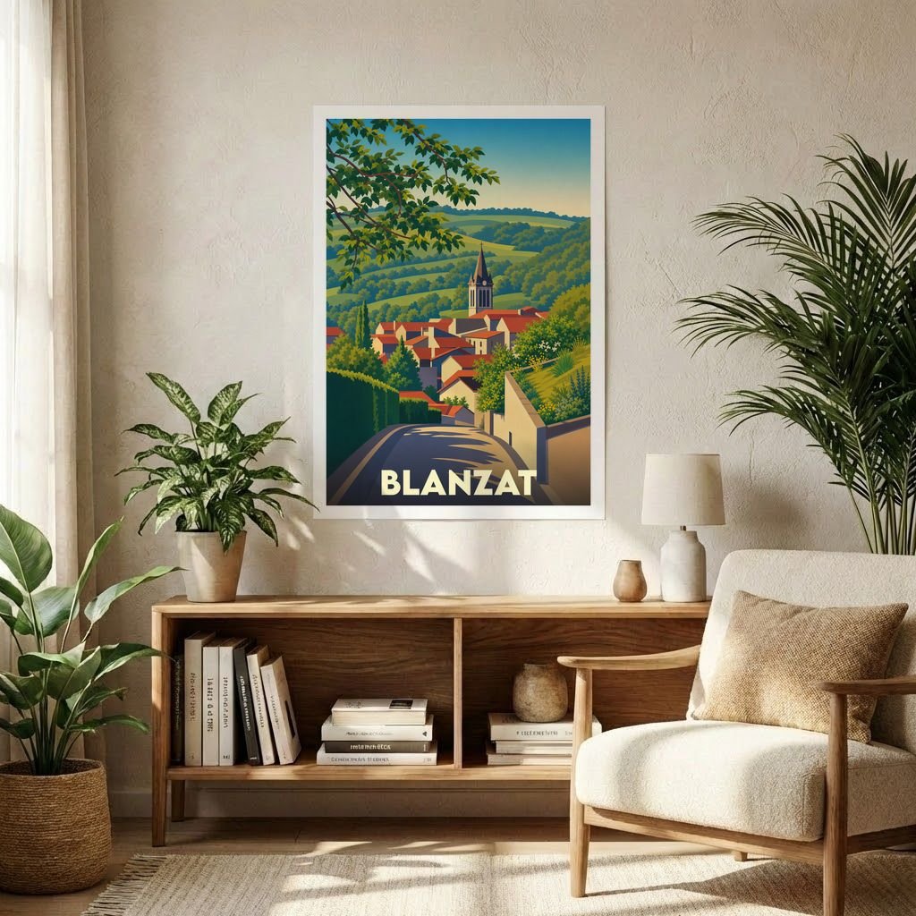 Affiche souvenir de la ville de Blanzat présentant une illustration stylisée et colorée de ses paysages.