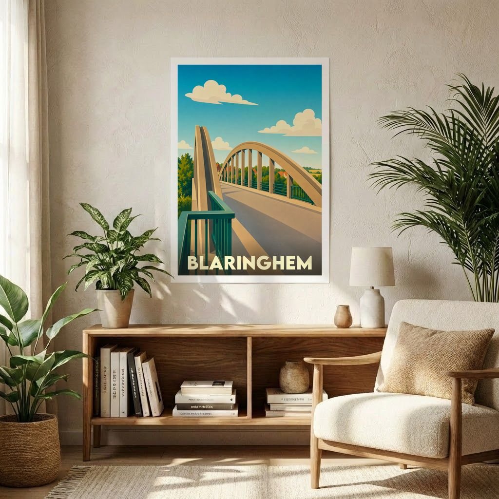 Affiche souvenir de la ville de Blaringhem avec une illustration stylisée d'un pont en arc.