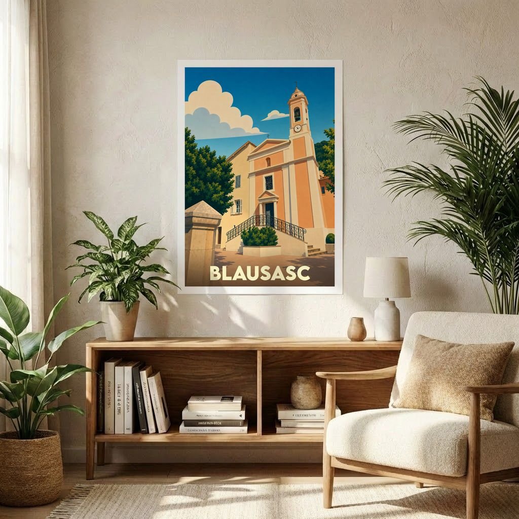 Affiche souvenir de la ville de Blausasc présentant une illustration stylisée de son église sous un ciel azur.