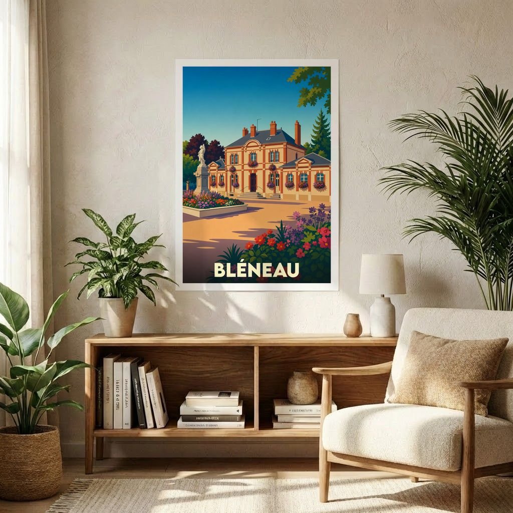 Affiche souvenir de la ville de Bléneau représentant son hôtel de ville dans un style illustré et coloré.