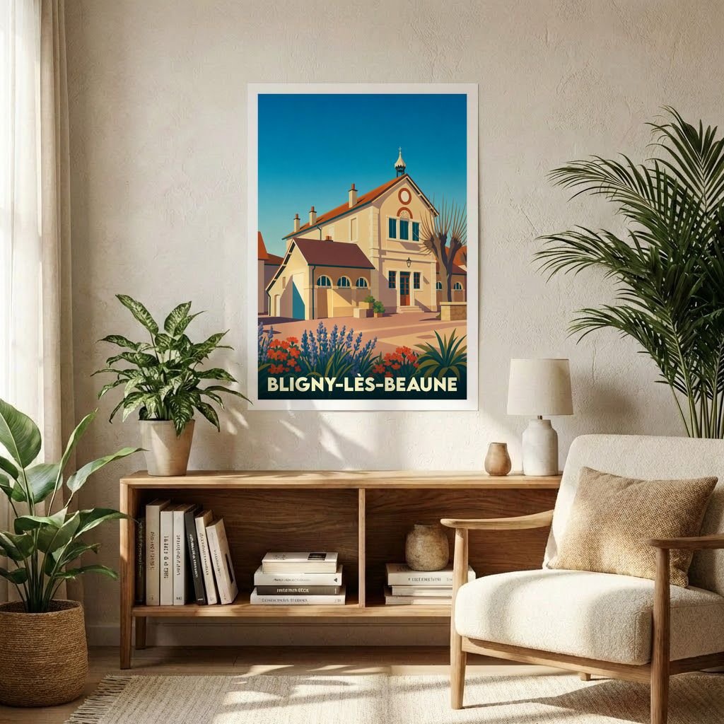 Affiche souvenir de la ville de Bligny-lès-Beaune avec une illustration stylisée.