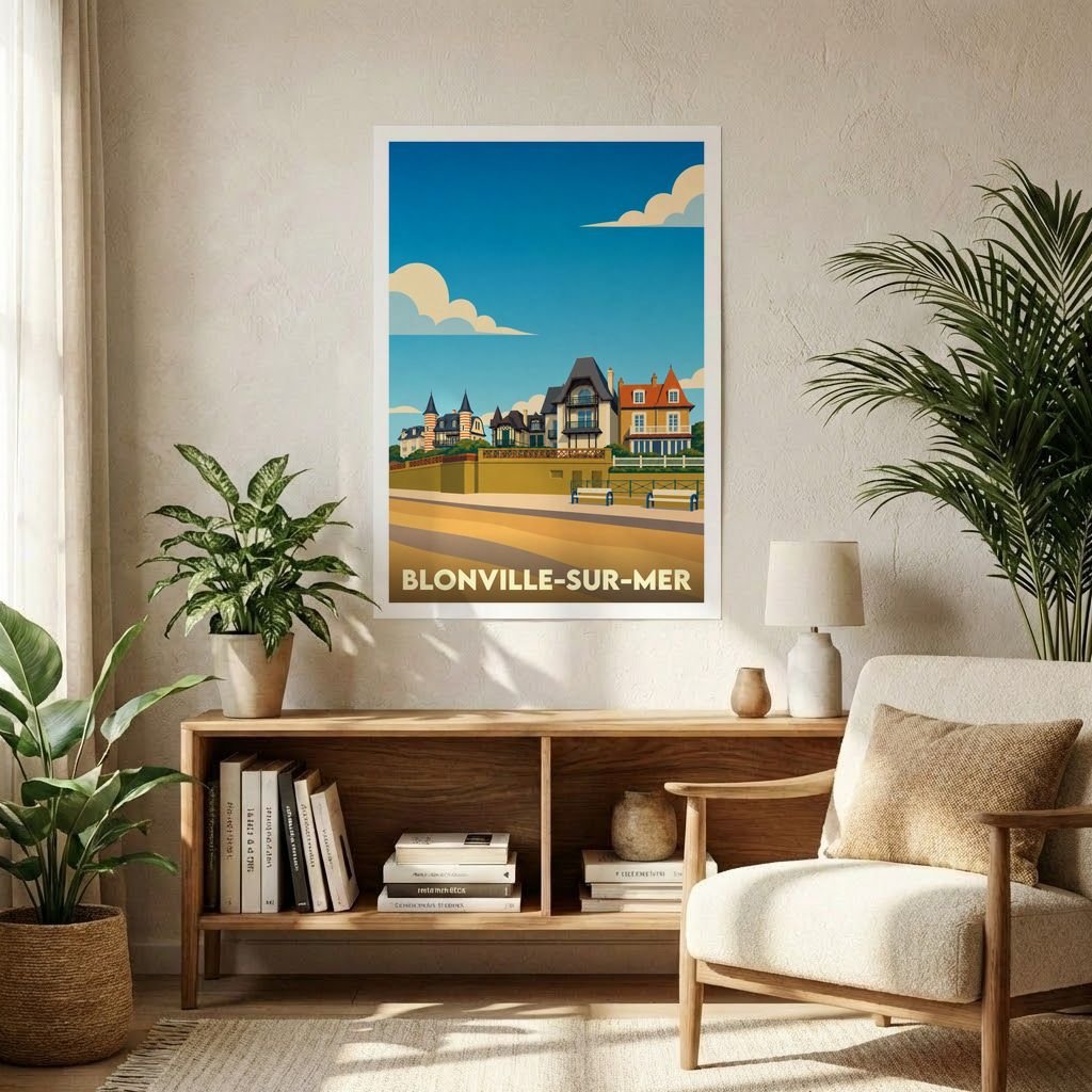 Affiche souvenir de la ville de Blonville-sur-Mer avec une illustration stylisée de son front de mer.