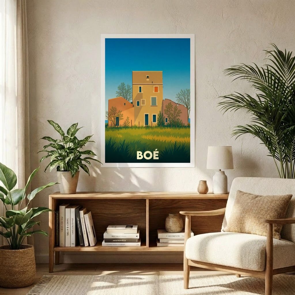 Affiche souvenir de la ville de Boé avec une illustration stylisée de bâtiments colorés dans un paysage champêtre.