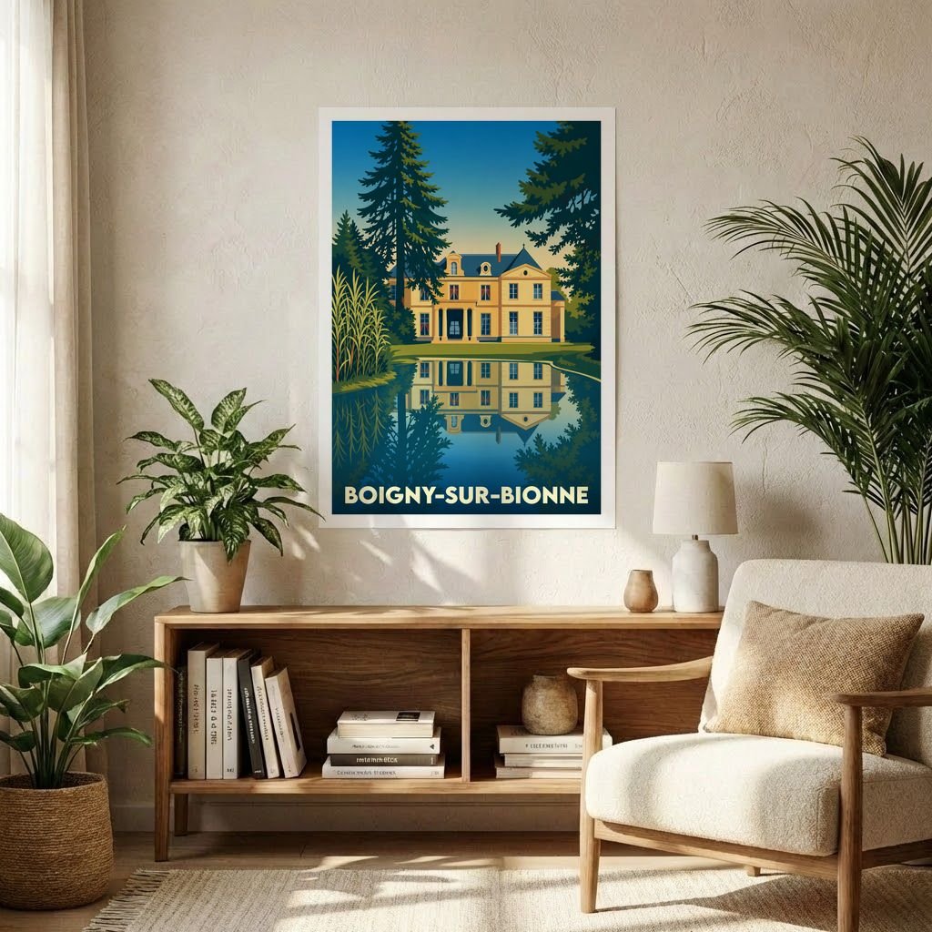 Affiche souvenir de la ville de Boigny-sur-Bionne illustrant un château se reflétant dans l'eau.