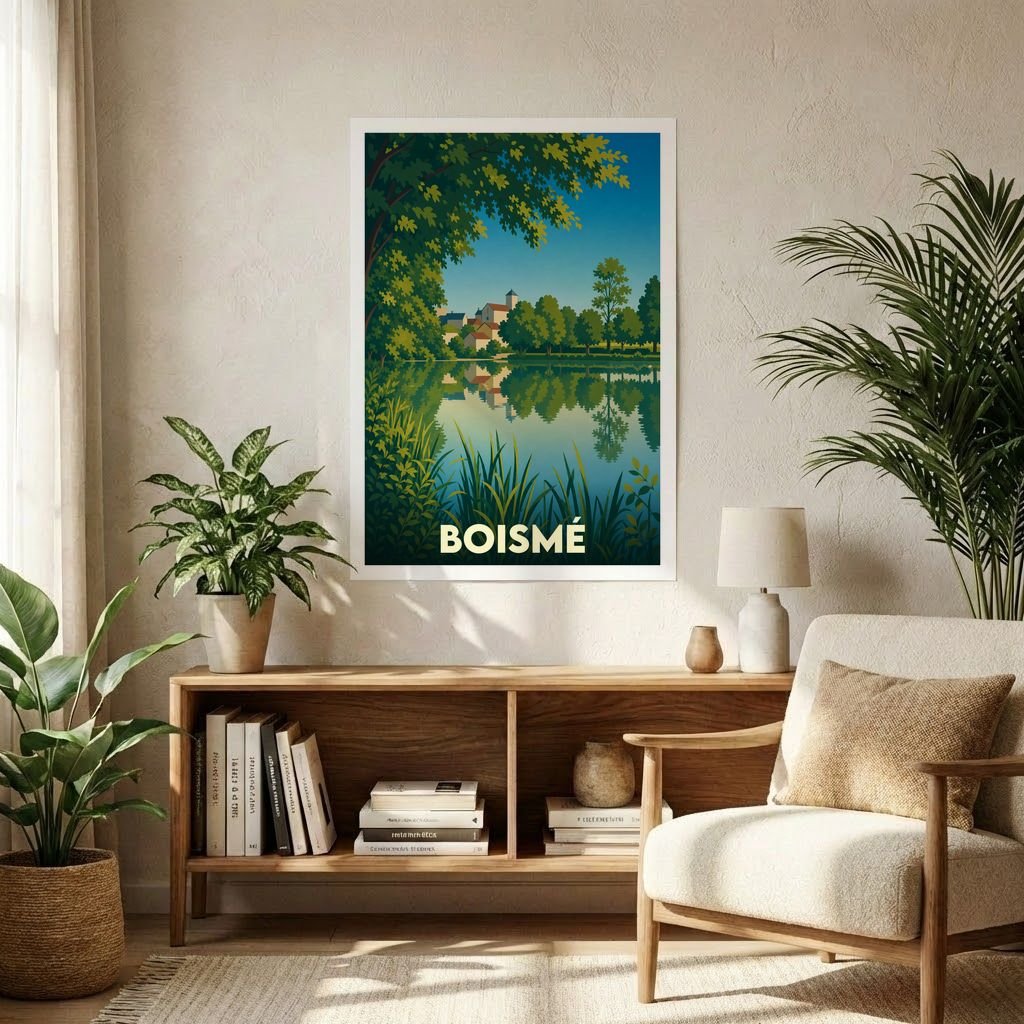 Affiche souvenir de la ville de Boismé représentant une illustration stylisée d'un paysage lacustre.