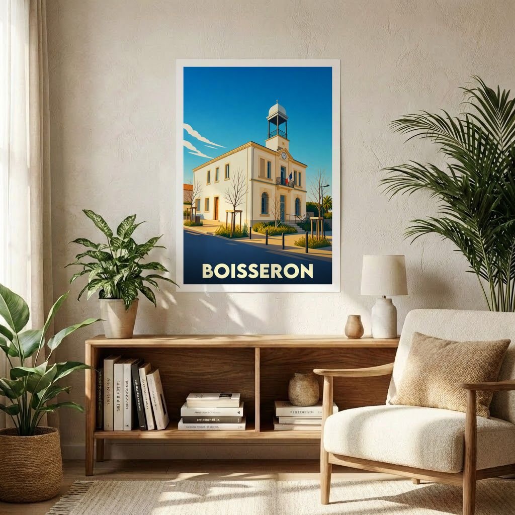 Affiche souvenir de la ville de Boisseron avec une illustration stylisée de son hôtel de ville.