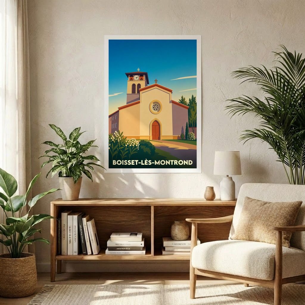 Affiche souvenir de la ville de Boisset-lès-Montrond avec une illustration stylisée de son église sous un ciel azur.