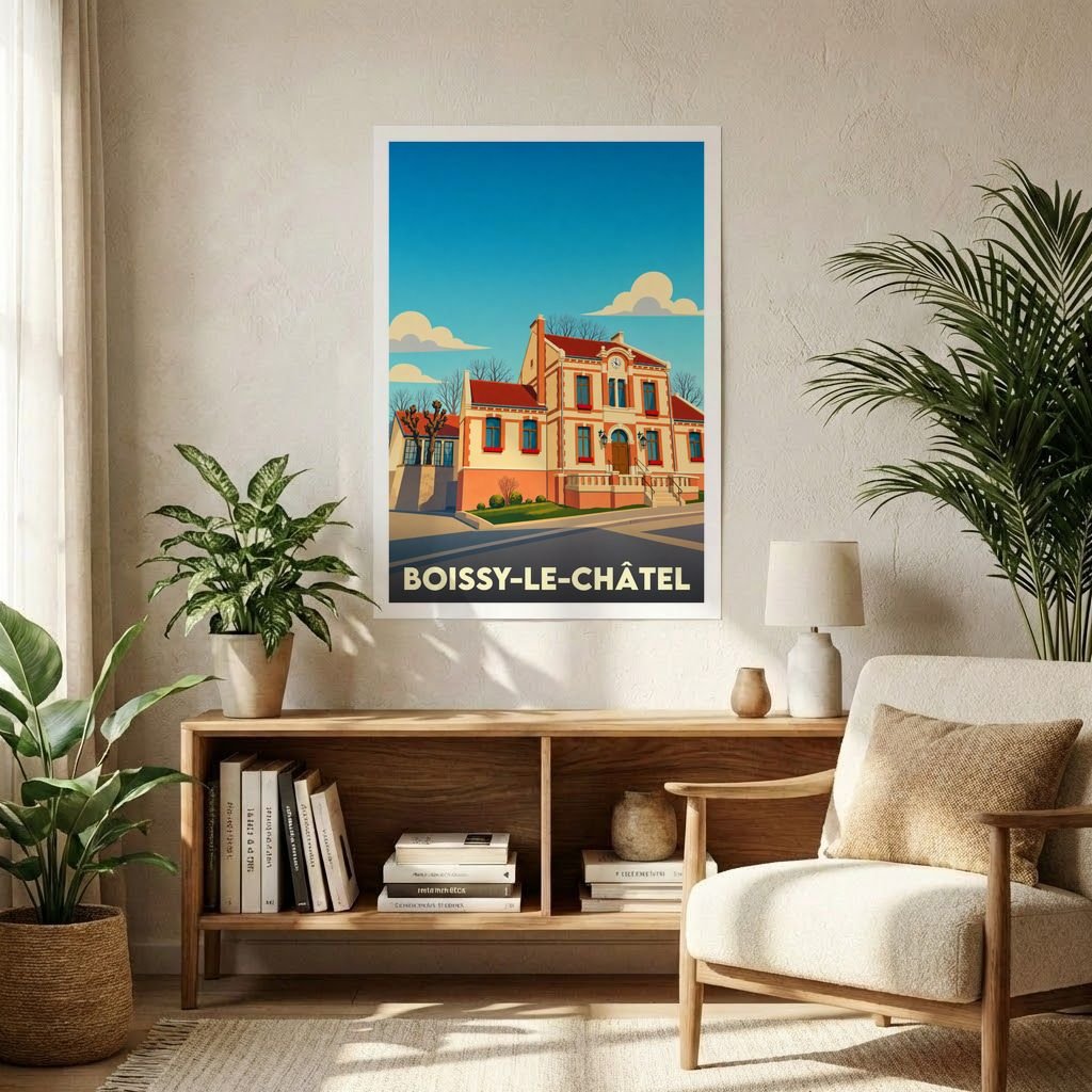 Affiche souvenir de la ville de Boissy-le-Châtel avec une illustration stylisée du bâtiment de la mairie.