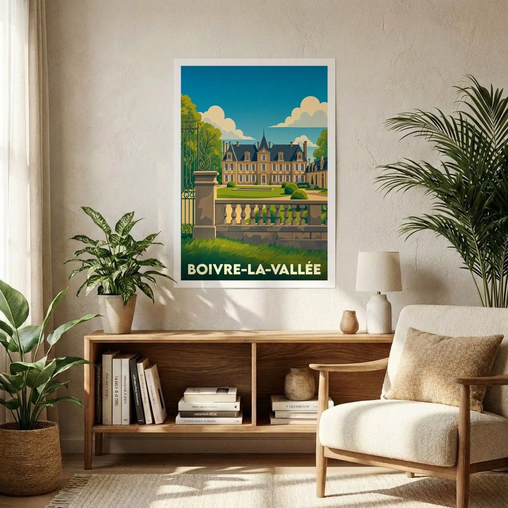 Affiche souvenir de la ville de Boivre-la-Vallée avec une illustration stylisée d'un château.