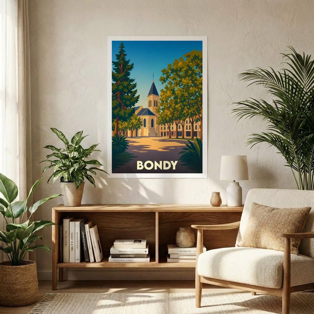 Affiche souvenir de la ville de Bondy avec une illustration stylisée d'une église et de son square arboré.