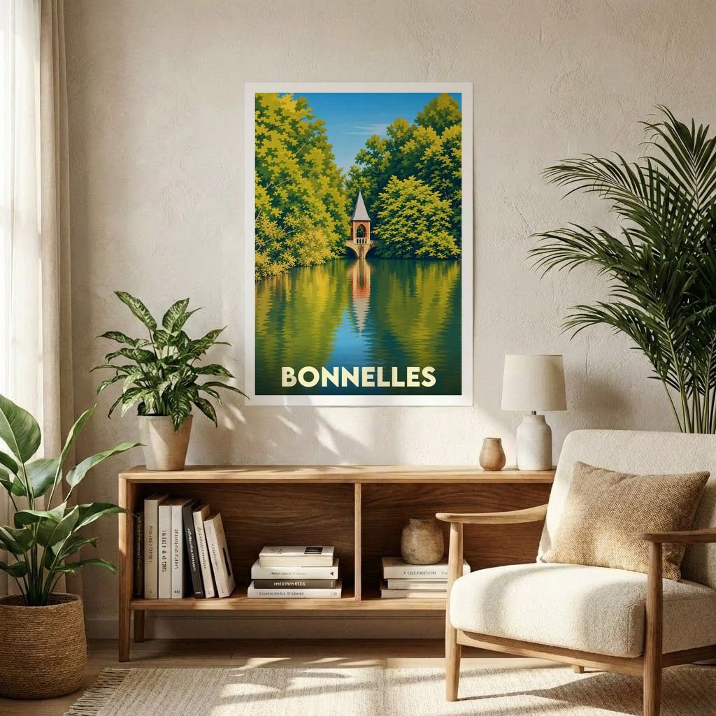 Affiche souvenir de la ville de Bonnelles avec une illustration stylisée d'un pavillon au bord de l'eau.