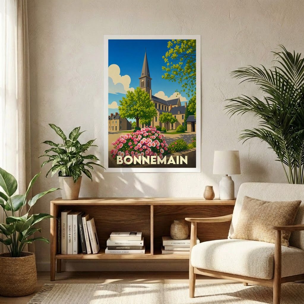 Affiche souvenir de la ville de Bonnemain illustrant son église et ses jardins dans un style rétro.