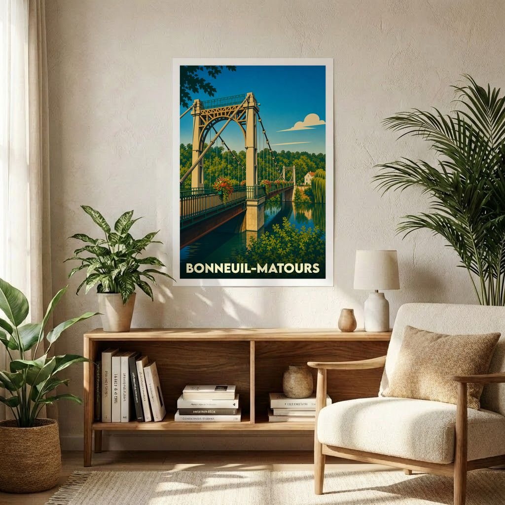 Affiche souvenir de la ville de Bonneuil-Matours illustrant son pont suspendu dans un style rétro.