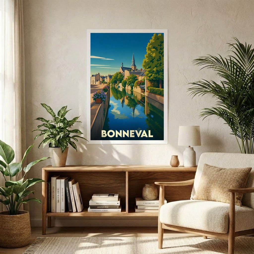 Affiche souvenir de la ville de Bonneval représentant une vue illustrée de son canal et de son église.
