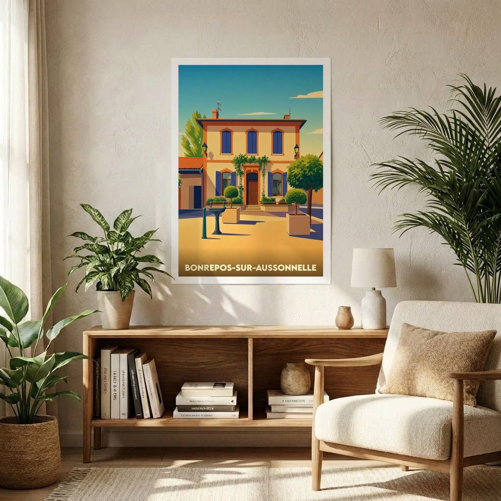 Affiche souvenir de la ville de Bonrepos-sur-Aussonnelle avec une illustration stylisée d'une demeure traditionnelle sous un ciel azur.