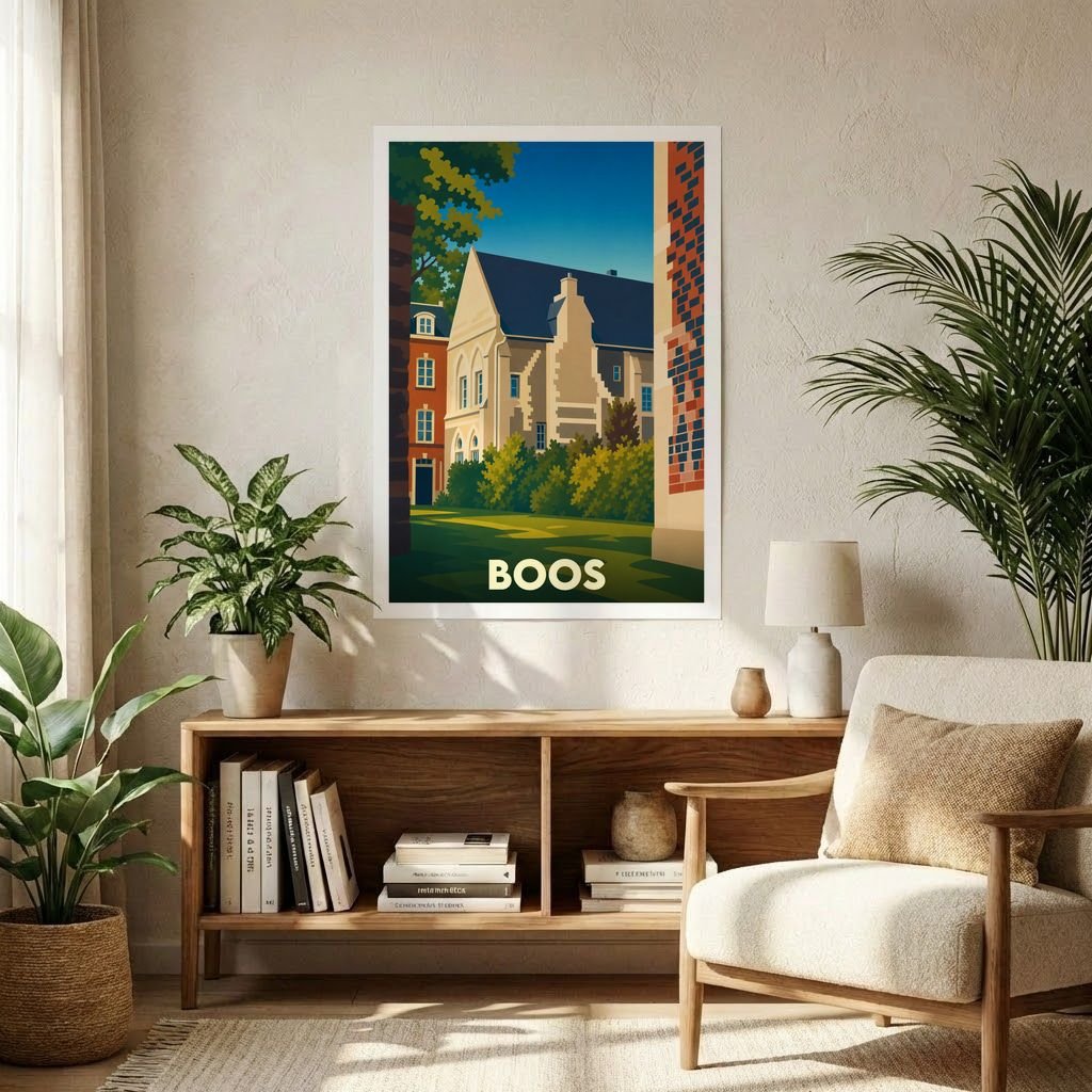 Affiche souvenir de la ville de Boos avec une illustration graphique et colorée représentant son patrimoine architectural.