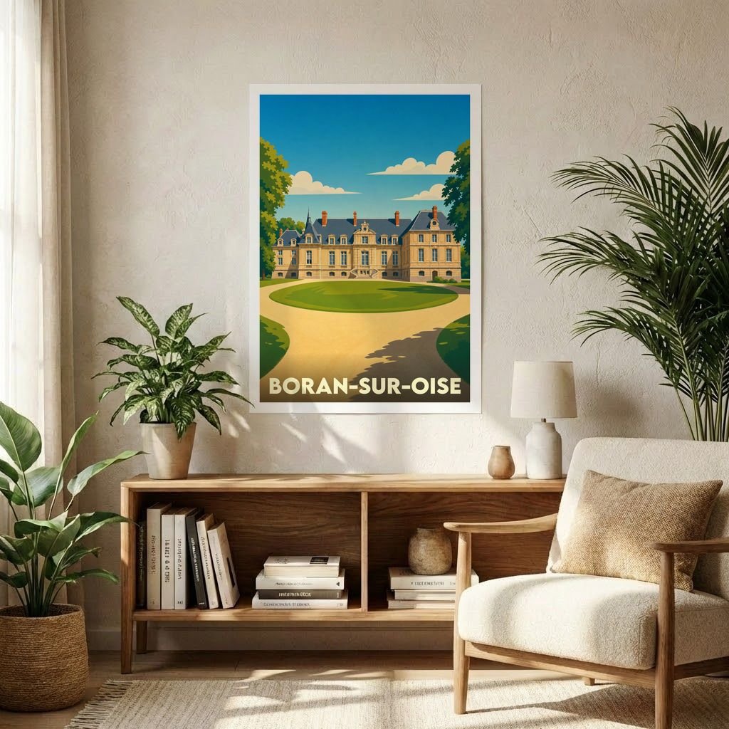 Affiche souvenir de la ville de Boran-sur-Oise avec une illustration stylisée d'un château.
