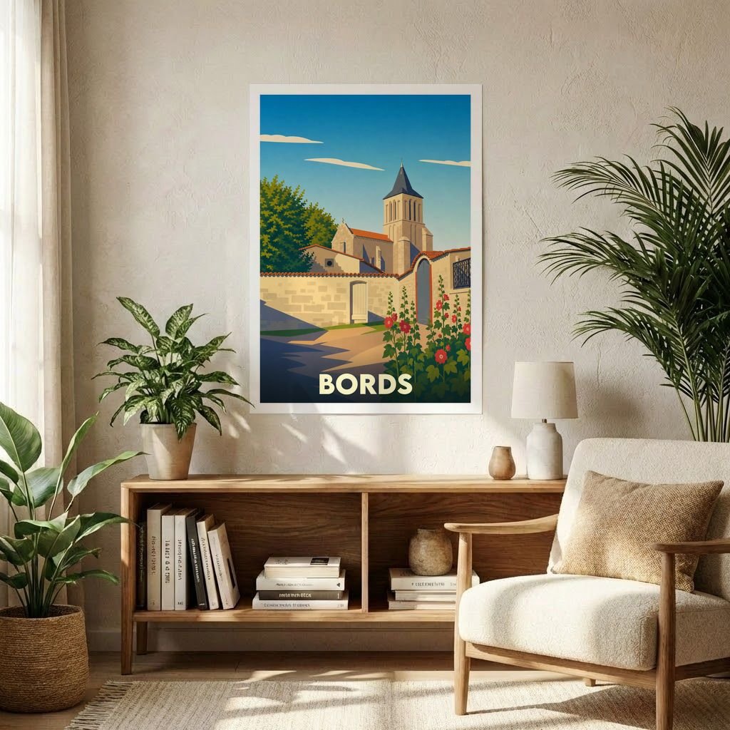 Affiche souvenir de la ville de Bords présentant une illustration stylisée de son église sous un ciel bleu.