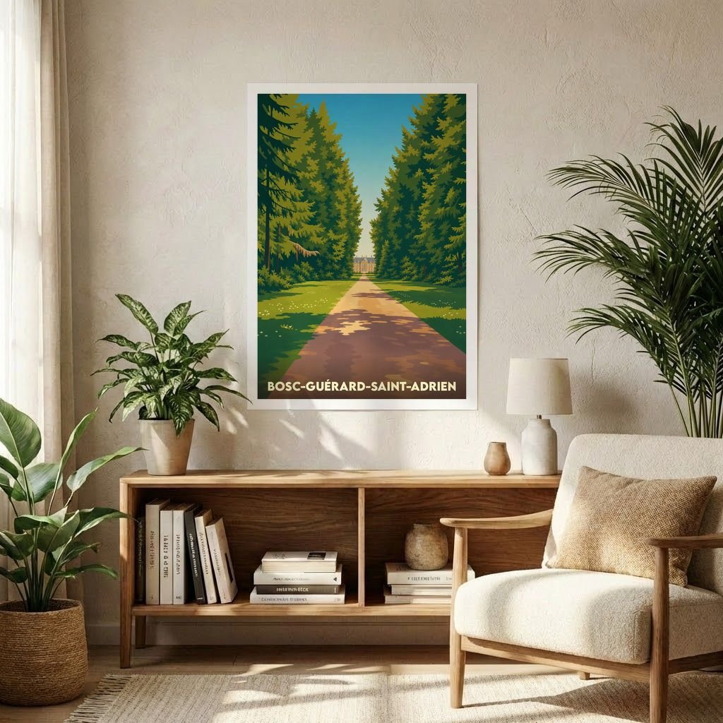 Affiche souvenir de la ville de Bosc-Guérard-Saint-Adrien avec une illustration stylisée d'une allée forestière.