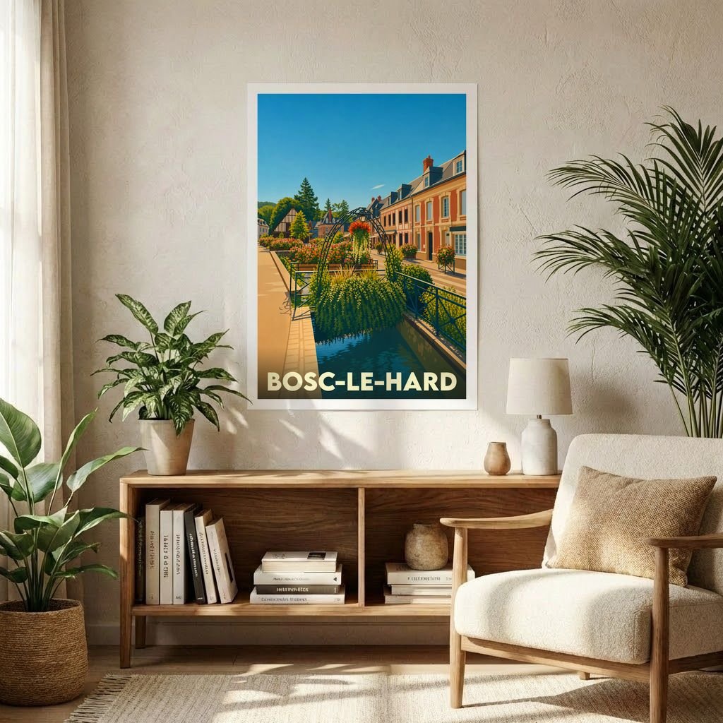 Affiche souvenir de la ville de Bosc-le-Hard présentant une illustration stylisée et colorée de ses paysages.