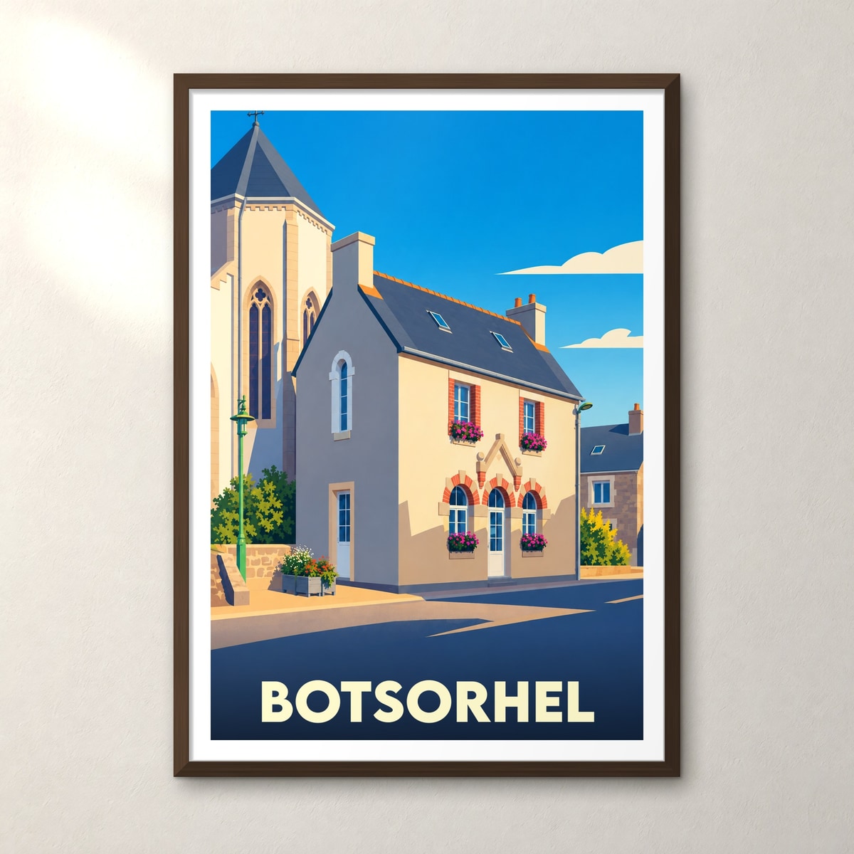 Affiche souvenir de la ville de Botsorhel présentant une illustration stylisée d'une maison de bourg et d'une église sous un ciel bleu.