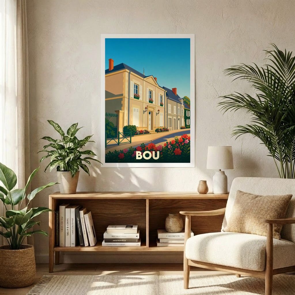 Affiche souvenir de la ville de Bou avec une illustration stylisée.