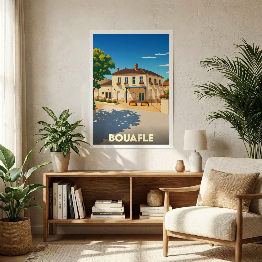 Affiche souvenir de la ville de Bouafle avec une illustration stylisée d'un bâtiment ensoleillé.