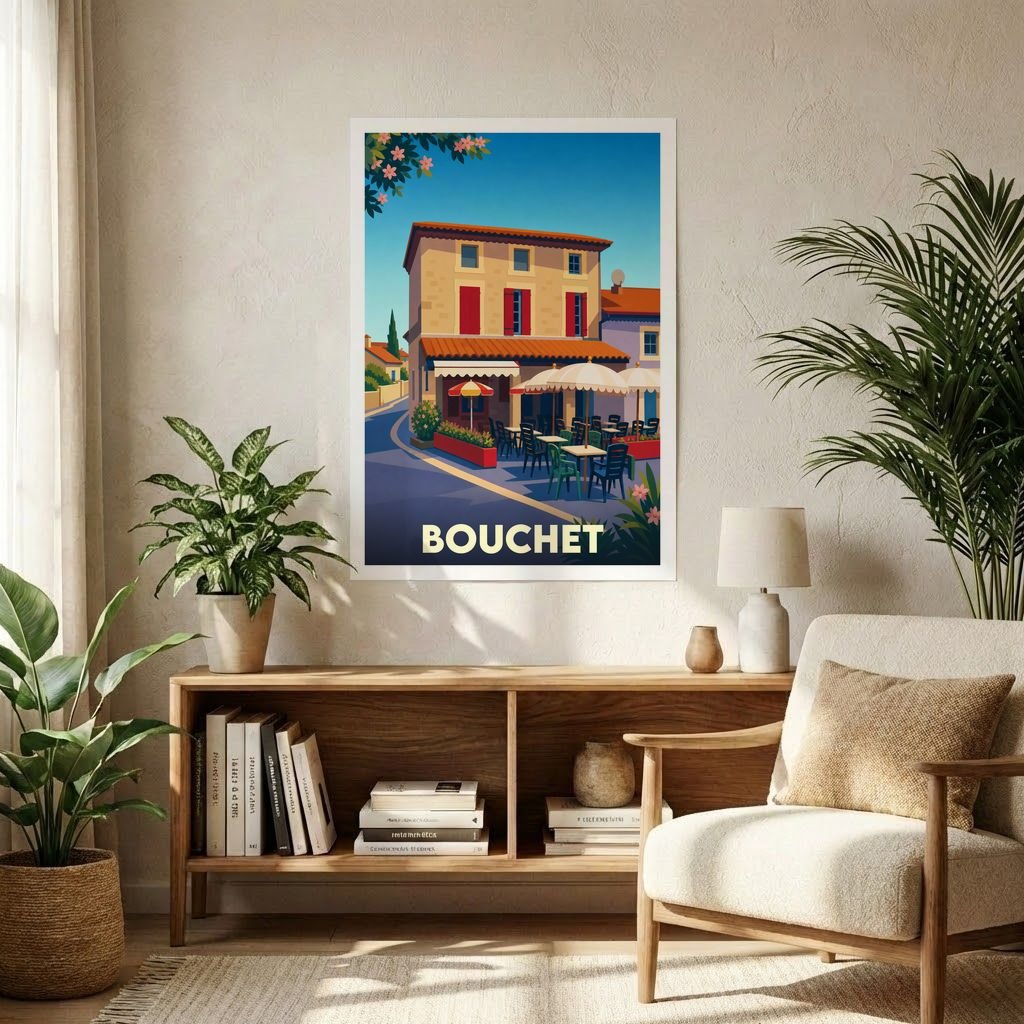 Affiche souvenir de la ville de Bouchet représentant une terrasse de café ensoleillée dans un style rétro.