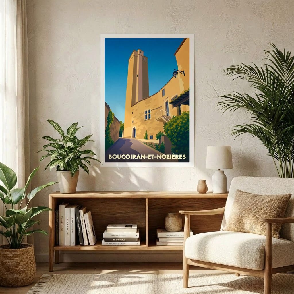 Affiche souvenir de la ville de Boucoiran-et-Nozières avec une illustration stylisée de son architecture historique.