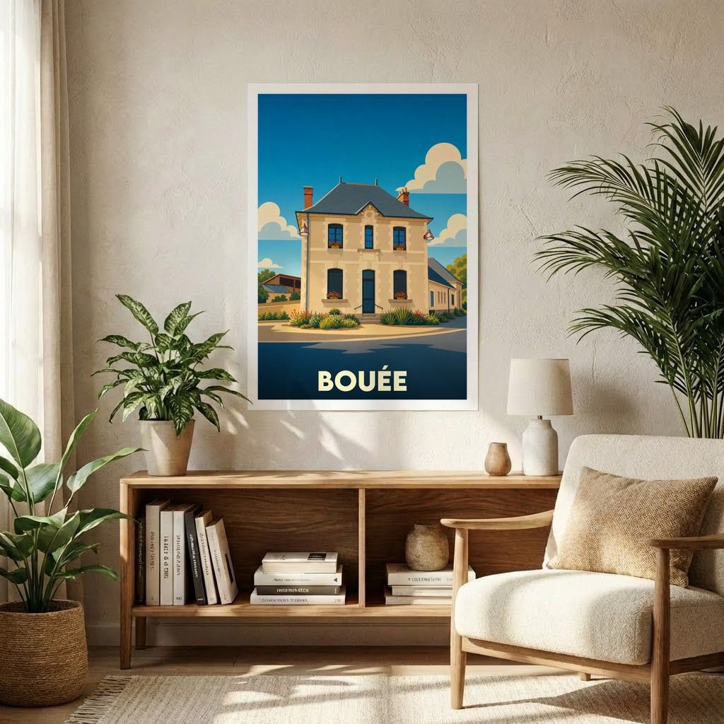 Affiche souvenir de la ville de Bouée avec une illustration stylisée d'une maison de bourg.