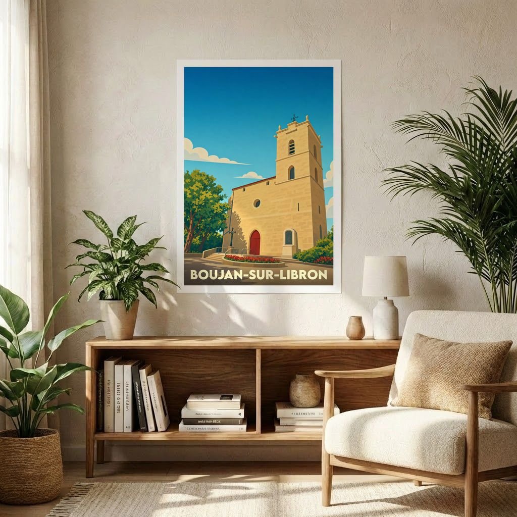 Affiche souvenir de la ville de Boujan-sur-Libron représentant son église dans un style graphique épuré.