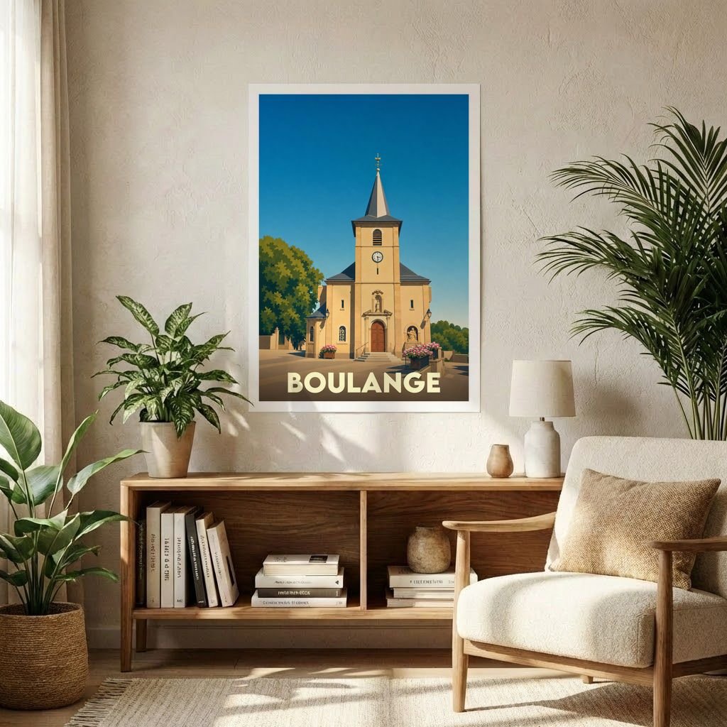 Affiche souvenir de la ville de Boulange représentant son église dans un style graphique épuré.