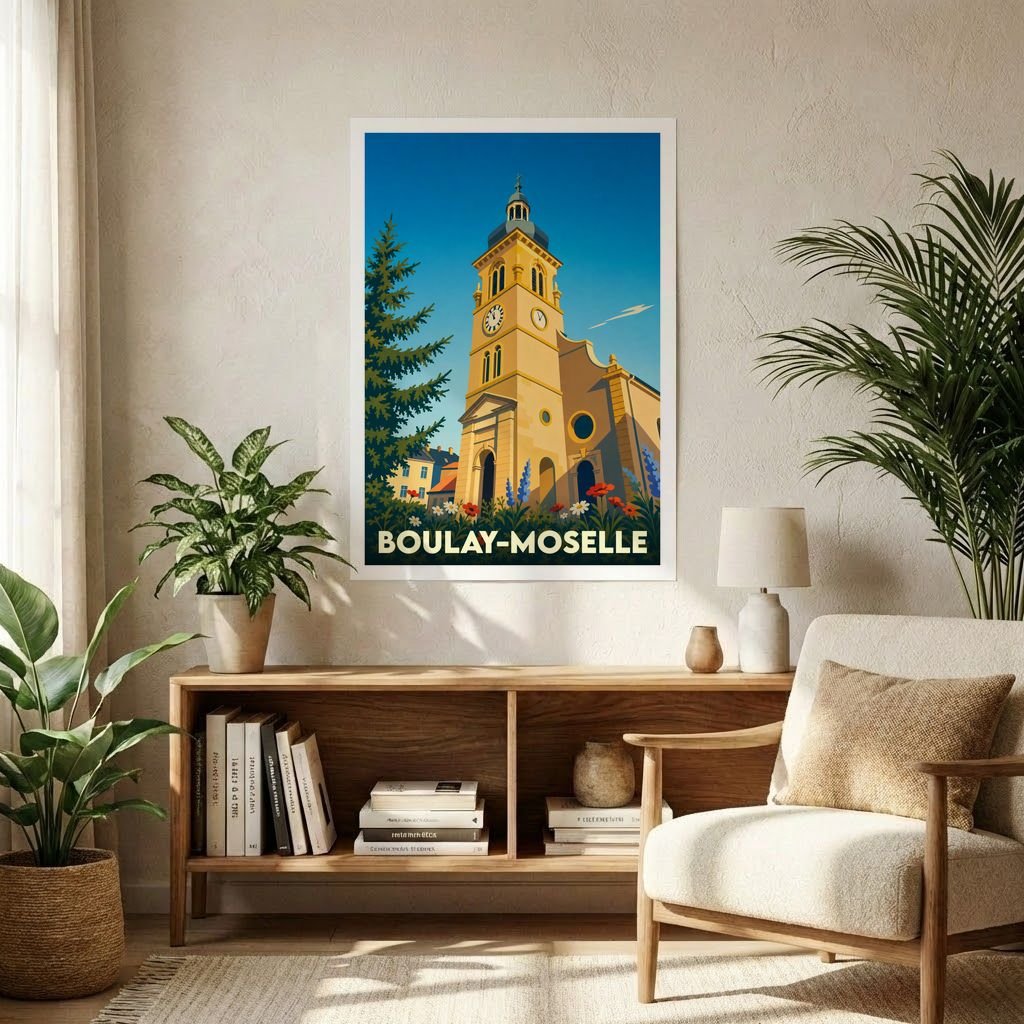 Affiche souvenir de la ville de Boulay-Moselle avec une illustration stylisée de son église.