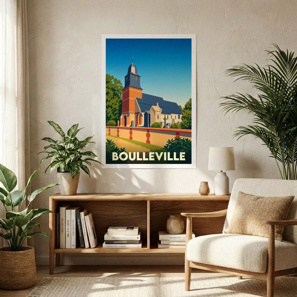 Affiche souvenir de la ville de Boulleville présentant une illustration stylisée de son église.