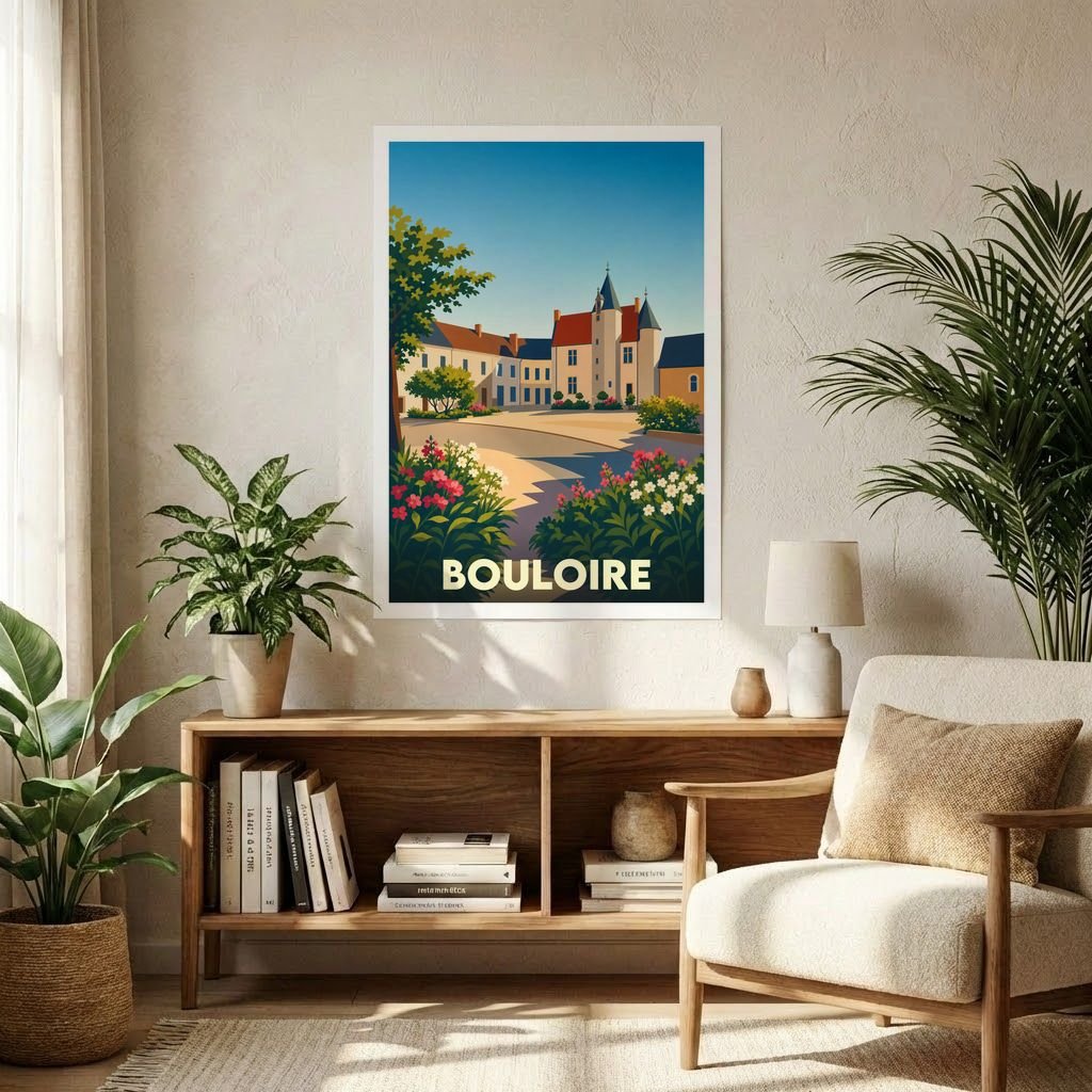 Affiche souvenir de la ville de Bouloire avec une illustration stylisée et colorée.