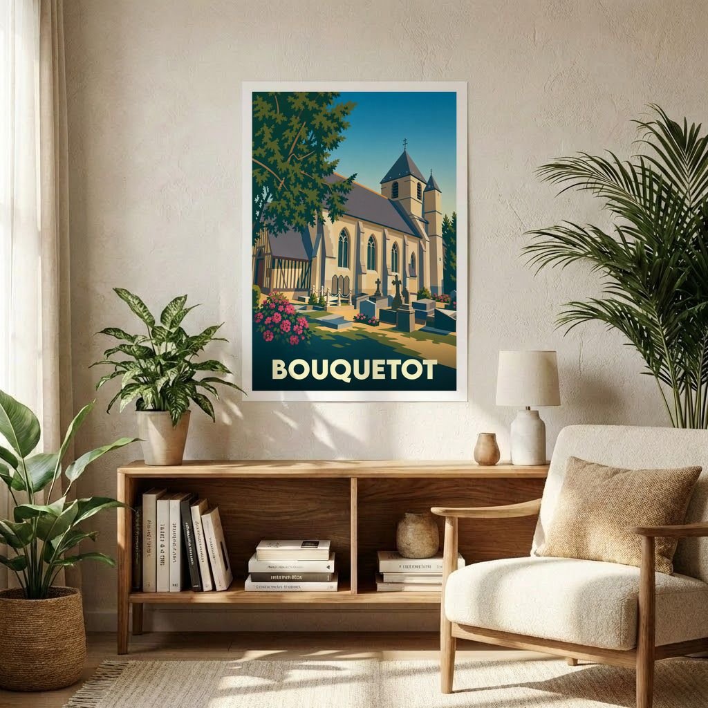 Affiche souvenir de la ville de Bouquetot avec une illustration stylisée d'une église et son cimetière.