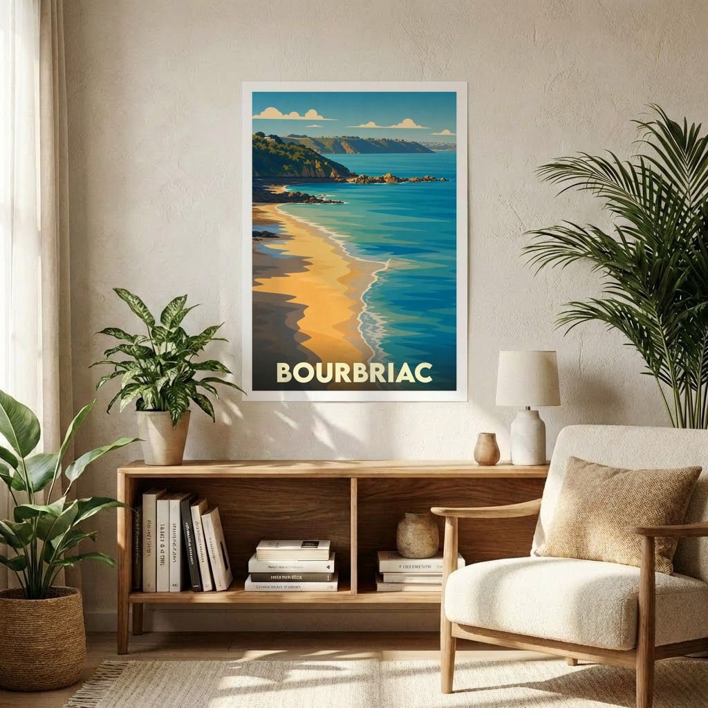Affiche souvenir de la ville de Bourbriac illustrant une plage côtière dans un style graphique épuré.