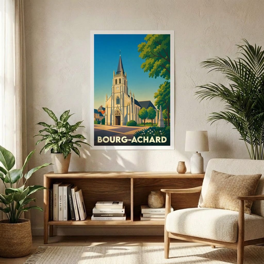 Affiche souvenir de la ville de Bourg-Achard illustrant son église dans un style graphique rétro.