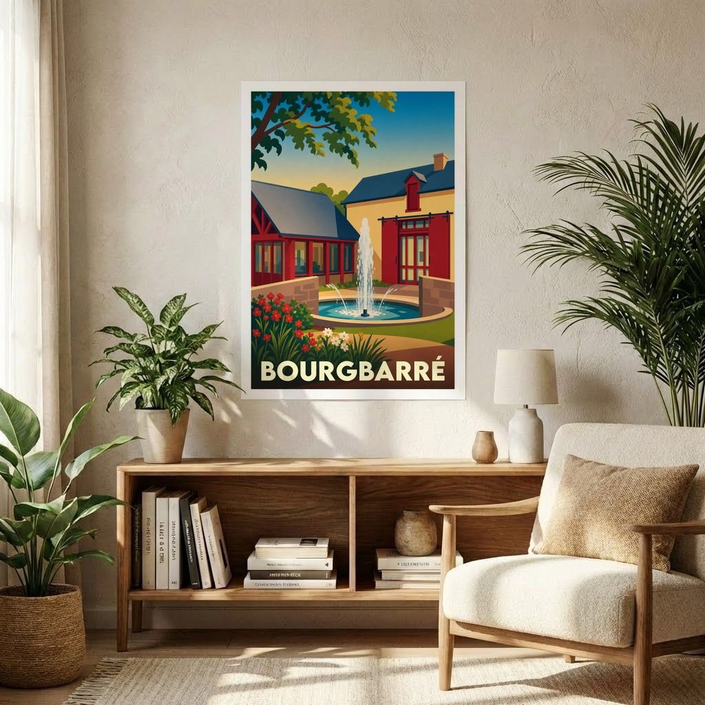 Affiche souvenir de la ville de Bourgbarré avec une illustration stylisée d'une fontaine devant des bâtiments colorés.