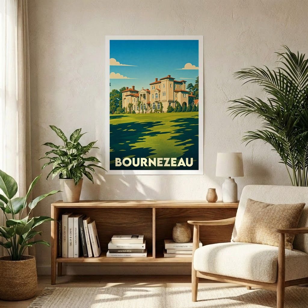 Affiche souvenir de la ville de Bournezeau représentant un château dans un style vintage illustré.