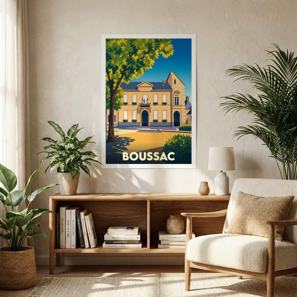 Affiche souvenir de la ville de Boussac avec une illustration stylisée d'un bâtiment historique sous un arbre.