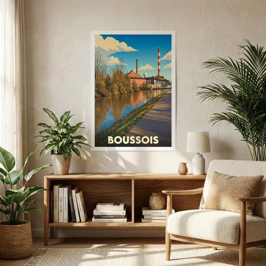 Affiche souvenir de la ville de Boussois représentant son paysage industriel et fluvial dans un style vintage.