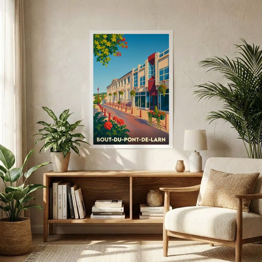 Affiche souvenir de la ville de Bout-du-Pont-de-Larn avec une illustration stylisée et colorée.